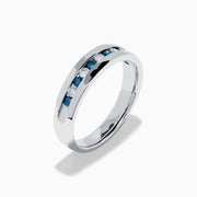 The Mens Bella Bleu 14K White Gold White and Blue Diamond Ring features alternating blue and white diamonds set in a channel across the top, displayed on a plain white background.