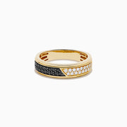 The Men's 14K Yellow Gold White and Black Diamond Ring showcases a row of black diamonds on one half and white diamonds on the other, set against a plain white background.