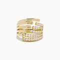 The 14K Yellow Gold Diamond Multi Row Ring features five open, overlapping bands—three set with round diamonds and two in polished gold—for a modern stacked look.