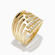 The 14K Yellow Gold Diamond Multi Row Ring features five open, overlapping bands—three set with round diamonds and two in polished gold—for a modern stacked look.