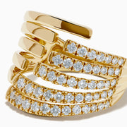 The 14K Yellow Gold Diamond Multi Row Ring features five open, overlapping bands—three set with round diamonds and two in polished gold—for a modern stacked look.