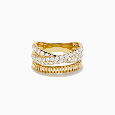 A stack of three 14K Yellow Gold Diamond Pave Crossover Rings, featuring two with diamond pave and wavy crossover design, and one with a grooved, ridged texture, displayed against a white background.