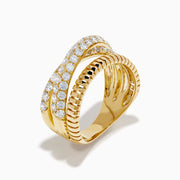 A stack of three 14K Yellow Gold Diamond Pave Crossover Rings, featuring two with diamond pave and wavy crossover design, and one with a grooved, ridged texture, displayed against a white background.