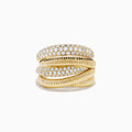 The 14K Yellow Gold Diamond Fluted Crossover Ring features three overlapping bands: two adorned with diamonds and one with a ribbed fluted texture, creating a stunning stacked crossover design.