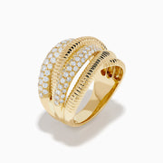 The 14K Yellow Gold Diamond Fluted Crossover Ring features three overlapping bands: two adorned with diamonds and one with a ribbed fluted texture, creating a stunning stacked crossover design.