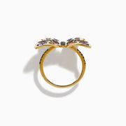 The Watercolors 14K Yellow Gold Multi Sapphire and Black Diamond Butterfly Ring features vibrant sapphires in pink, orange, green, blue, and purple—an eye-catching accessory for any occasion.