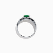 The Brasilica 14K White Gold Emerald and Diamond Ring showcases a central oval green emerald with three rows of round diamonds on each side, set in white gold and shown against a white background.