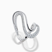The 14K White Gold Diamond Open S-Curve Statement Ring showcases an elegant swirling open design with sparkling diamonds, displayed against a white background.