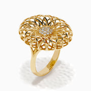 The 14K Yellow Gold Diamond Filigree Sunburst Statement Ring showcases a layered floral design with central sparkling diamonds, capturing the look of a blooming sunburst flower.