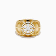 The 14K Yellow Gold Bouquet Diamond Dome Ring features a wide, textured band and a central diamond flower cluster encircled by smaller diamonds.