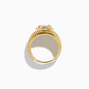 The 14K Yellow Gold Bouquet Diamond Dome Ring features a wide, textured band and a central diamond flower cluster encircled by smaller diamonds.