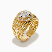 The 14K Yellow Gold Bouquet Diamond Dome Ring features a wide, textured band and a central diamond flower cluster encircled by smaller diamonds.