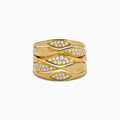 The 14K Yellow Gold and Diamond Textured Multiband Wave Statement Ring features a wavy, layered design with multiple rows of small round white diamonds set in marquise-shaped patterns.