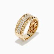 The 14K Yellow Gold Studded Diamond Band features a wide band with a geometric pyramid design and two horizontal rows of small round diamonds set in the center.