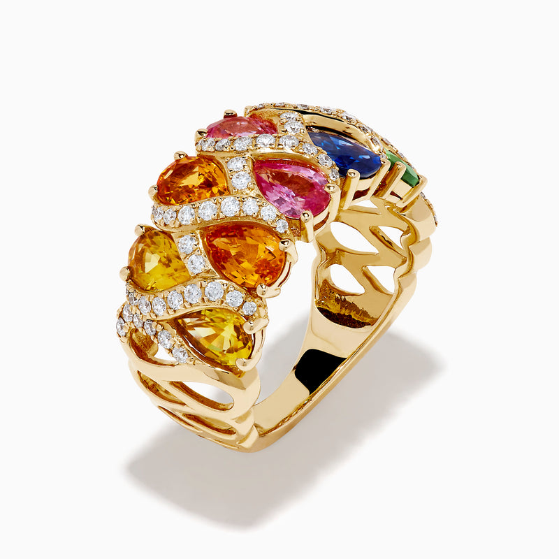 The 14K Yellow Gold Multi Sapphire and Diamond Tapestry Ring features pear-shaped orange, pink, blue, and green sapphires set in rows with diamond-accented crisscross lines for a vibrant look.