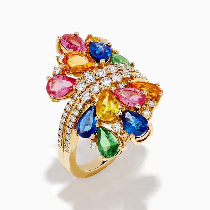 The 14K Yellow Gold Multi Sapphire and Diamond Statement Ring features clusters of blue, pink, yellow, orange, and green sapphires with sparkling white diamond accents—an eye-catching statement piece.