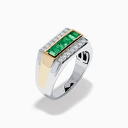 The Men's Two Tone Gold Channel Set Emerald and Diamond Signet Ring showcases a row of square-cut emeralds bordered by rows of round diamonds, blending elegance and bold style.