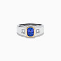 Men's 14K two tone gold ring featuring a cushion cut tanzanite center in a gold bezel setting, flanked by two square diamonds, shown on a plain white background.
