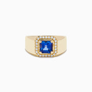 Men's 14K Yellow Gold Step Cut Tanzanite and Diamond Halo Signet Ring featuring a square blue gemstone center with a double diamond halo, shown on a plain white background.