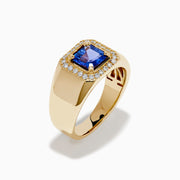 Men's 14K Yellow Gold Step Cut Tanzanite and Diamond Halo Signet Ring featuring a square blue gemstone center with a double diamond halo, shown on a plain white background.