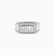 The Men's 14K White Gold Baguette and Round Diamond Signet Ring features a rectangular center set with four baguette-cut diamonds, bordered by smaller round diamonds, shown against a white background.