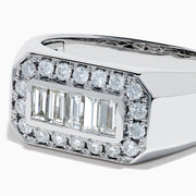 The Men's 14K White Gold Baguette and Round Diamond Signet Ring features a rectangular center set with four baguette-cut diamonds, bordered by smaller round diamonds, shown against a white background.