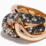 The 14K Rose Gold Black, White and Espresso Intertwined Ring features three interlocking bands: polished rose gold, white diamonds, and brown/black diamonds, shown against a white background.
