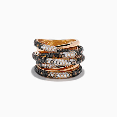 The 14K Rose Gold Black, White and Espresso Criss Cross Ring features five overlapping bands with alternating rows of sparkling black, white, and espresso stones in a bold criss cross design.