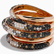 The 14K Rose Gold Black, White and Espresso Criss Cross Ring features five overlapping bands with alternating rows of sparkling black, white, and espresso stones in a bold criss cross design.