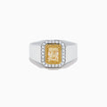 The Men's 18K Two Tone Yellow and White Diamond Ring features a rectangular yellow gemstone at its center, surrounded by double halos of white stones and yellow-gold details, shown on a white background.