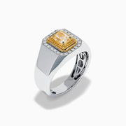 The Men's 18K Two Tone Yellow and White Diamond Ring features a rectangular yellow gemstone at its center, surrounded by double halos of white stones and yellow-gold details, shown on a white background.