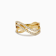 The 14K Yellow Gold Textured Crisscross Diamond Ring features two intertwined, textured gold bands with rows of sparkling diamonds, all set against a white background.