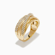 The 14K Yellow Gold Textured Diamond Crossover Ring features overlapping bands—two set with sparkling diamonds and others with brushed texture—for a bold contrast of shine and matte elegance.