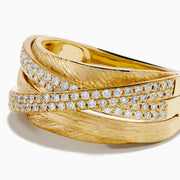 The 14K Yellow Gold Textured Diamond Crossover Ring features overlapping bands—two set with sparkling diamonds and others with brushed texture—for a bold contrast of shine and matte elegance.