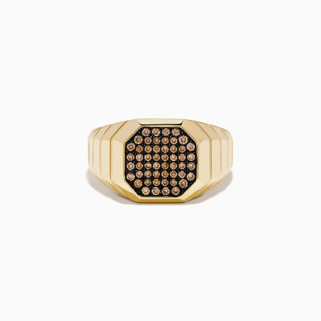 The Men's 14K Yellow Gold Brown Diamond Octagon Signet Ring features a geometric octagonal face with brown diamonds set in a black background and a ridged band design.