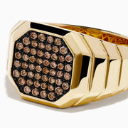 The Men's 14K Yellow Gold Brown Diamond Octagon Signet Ring features a geometric octagonal face with brown diamonds set in a black background and a ridged band design.