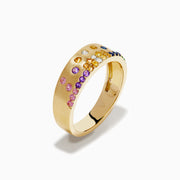 The Watercolors 14K Yellow Gold Multi Sapphire and Diamond Scattered Ring showcases vibrant sapphires in red, yellow, green, blue, and purple hues set across the gold band.