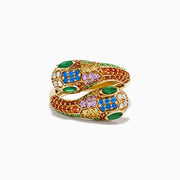The 14K Yellow Gold Multi Sapphire, Emerald and Diamond Snake Bypass Ring features a coiled serpent design adorned with vibrant sapphires, emeralds, and diamonds for a colorful mosaic effect.