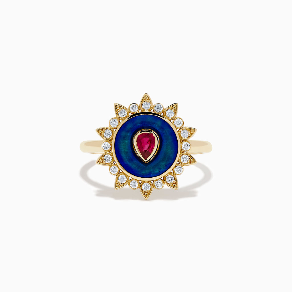 The 14K Yellow Gold Ruby, Diamond, and Enamel Ring showcases a central teardrop ruby, a blue enamel circle, and an outer border of round diamonds in a sunburst design.