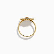 The 14K Yellow Gold Ruby, Diamond, and Enamel Ring showcases a central teardrop ruby, a blue enamel circle, and an outer border of round diamonds in a sunburst design.