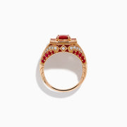 The 14K Rose Gold Ruby and Diamond Art Deco Ring features an oval ruby center, surrounded by square and rectangular rubies and small white diamonds in a geometric, ornate rose gold setting.