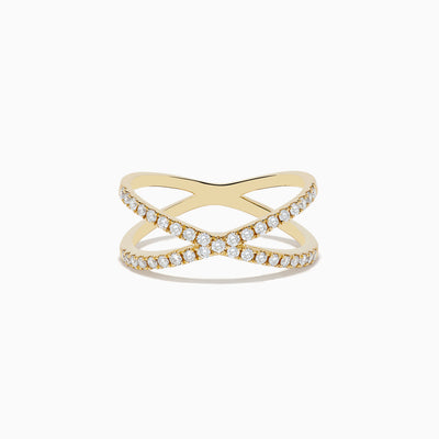 The Doro 14K Yellow Gold Diamond Crossover Ring features an X-shaped design adorned with 0.37 TCW of sparkling diamonds, set against a plain white background.