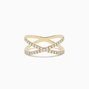 The Doro 14K Yellow Gold Diamond Crossover Ring features an X-shaped design adorned with 0.37 TCW of sparkling diamonds, set against a plain white background.