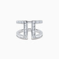 The Classique 14K White Gold Diamond Open Shank Ring features vertical and horizontal lines set with rectangular baguette-cut diamonds in a modern open shank design.