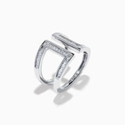 The Classique 14K White Gold Diamond Open Shank Ring features vertical and horizontal lines set with rectangular baguette-cut diamonds in a modern open shank design.