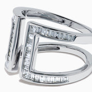 The Classique 14K White Gold Diamond Open Shank Ring features vertical and horizontal lines set with rectangular baguette-cut diamonds in a modern open shank design.