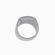 The Men's 14K White Gold Diamond Channel Set Ring showcases a modern geometric design with four small round diamonds set horizontally on the front.