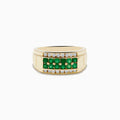The Mens Brasilica 14K Yellow Gold Emerald and Diamond Ring features two rows of white diamonds and a central row of round green emeralds, shown on a plain white background.