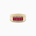 The Mens Ruby Royale 14K Yellow Gold Ruby and Diamond Ring features a central row of rubies bordered by two rows of clear diamonds, shown on a plain white background.