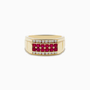 The Mens Ruby Royale 14K Yellow Gold Ruby and Diamond Ring features a central row of rubies bordered by two rows of clear diamonds, shown on a plain white background.